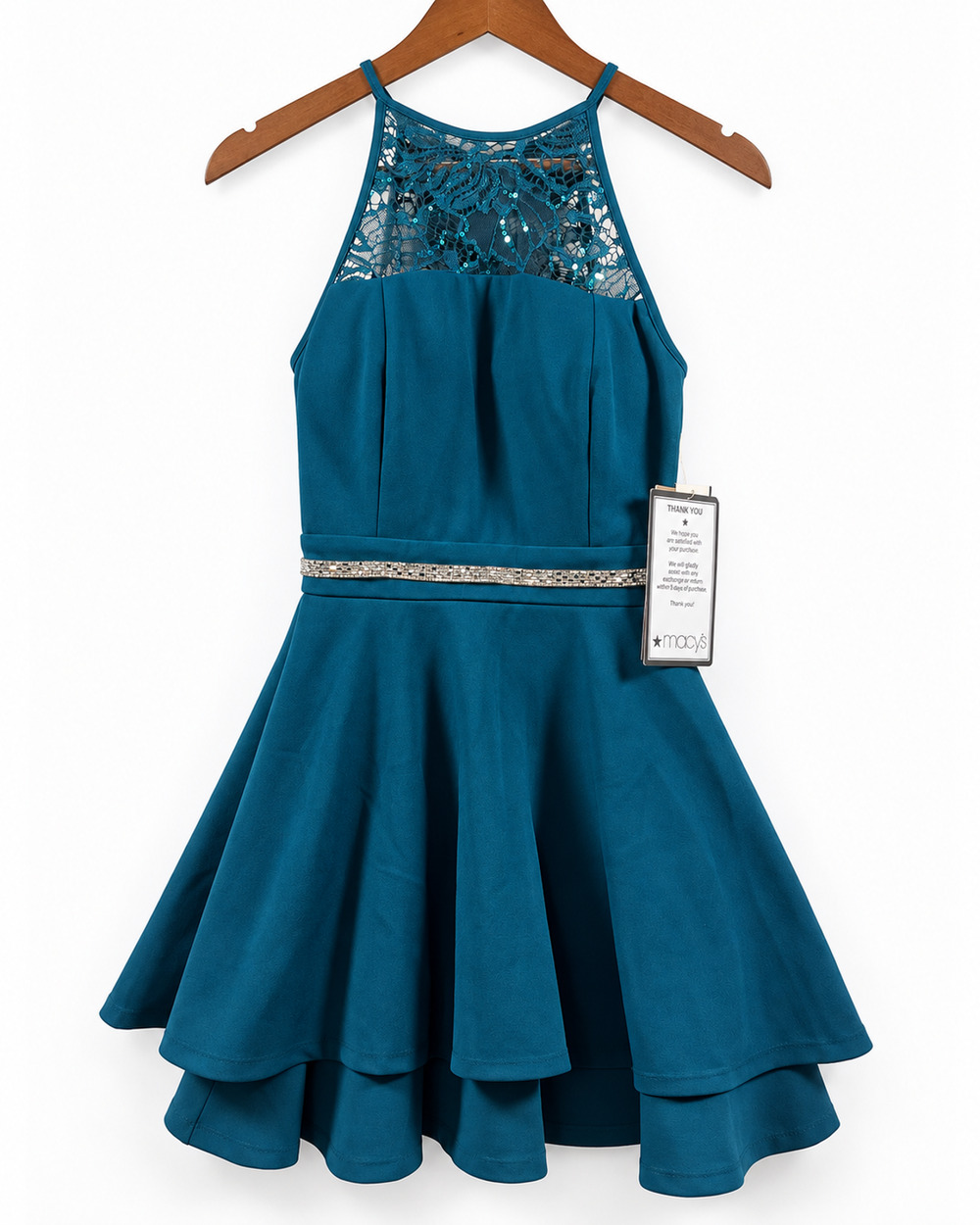 Macy’s Teal Rhinestone Ruffle Prom Dress Size 2XS Formal Evening Gown Glam